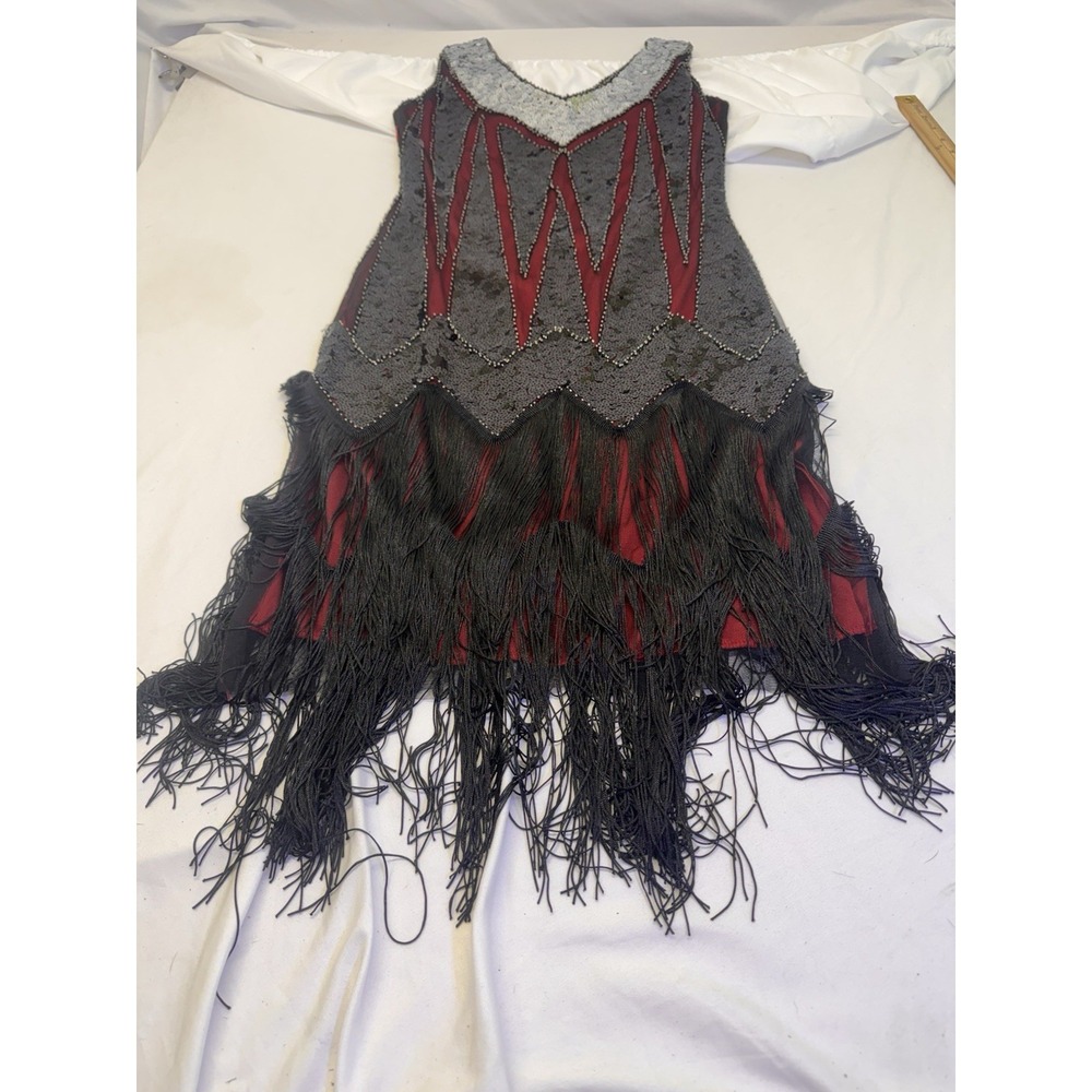 J Flapper Gatsby Dress Size S Black Red Beaded Fringed 1920's FUN DAISY Prom Fo - Picture 3 of 7